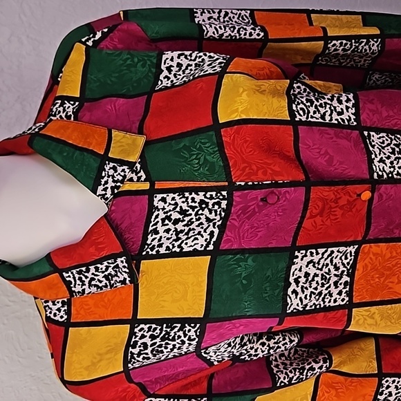 LAURA & JAYNE Colorful Satin Checkerboard Leopard Print Button Down Shirt - Picture 4 of 6